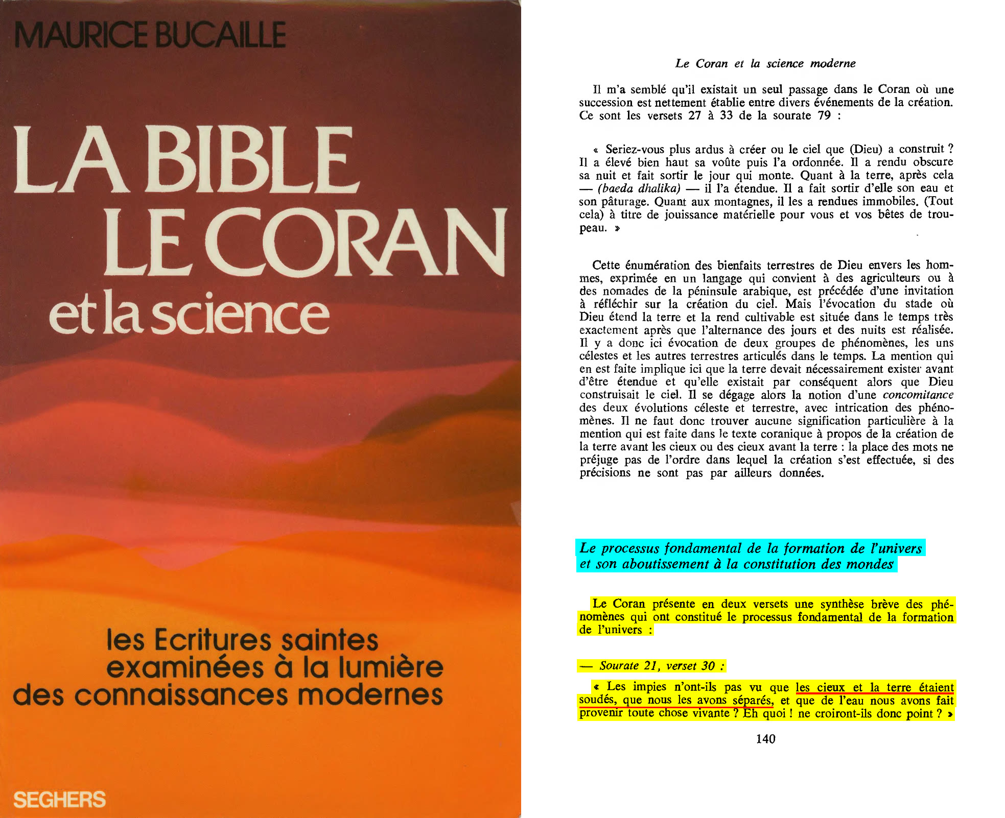 Maurice Bucaille, La Bible, le Coran et la science, Seghers, couverture et page 140